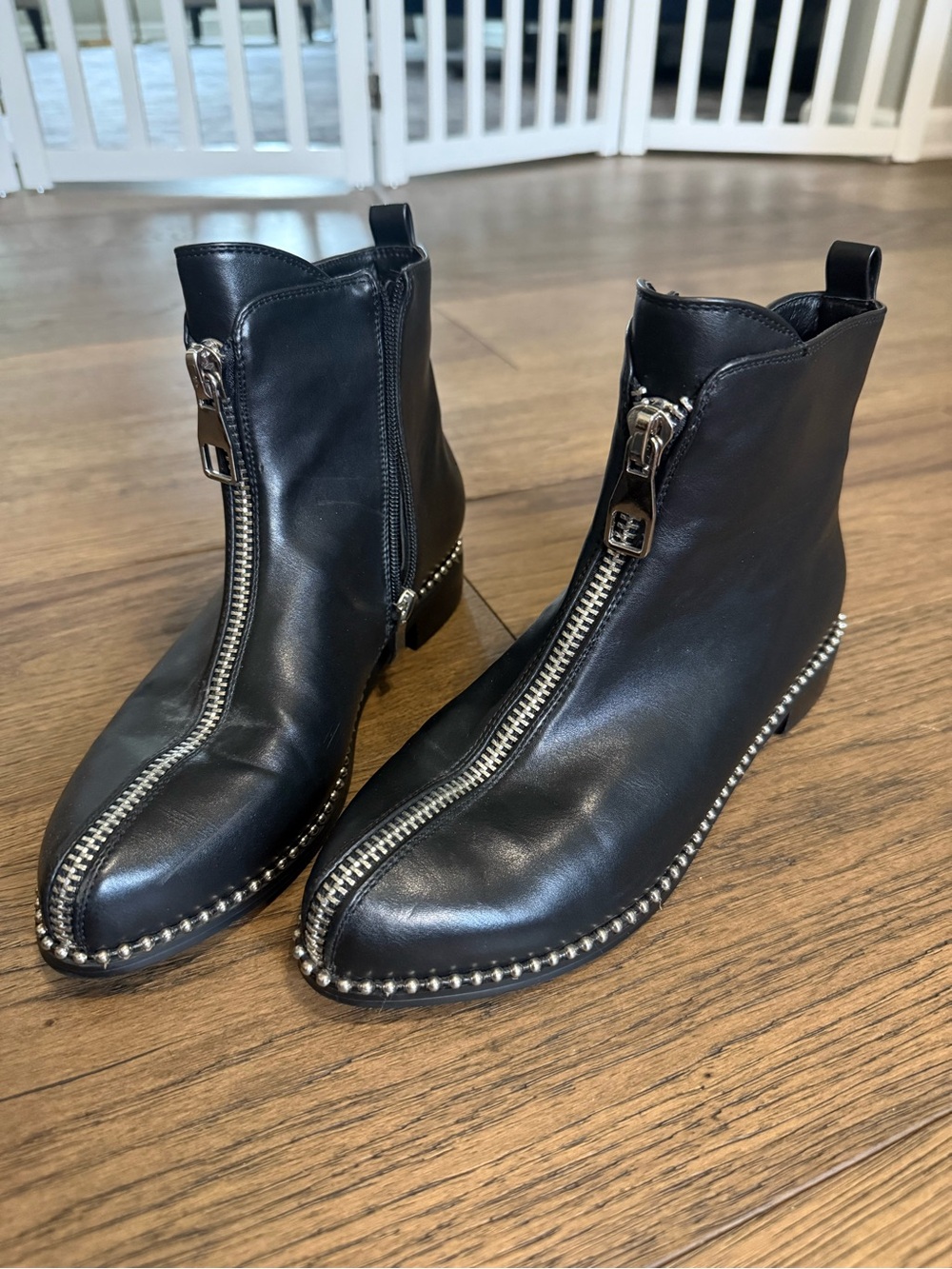 Stud-Trim Black Leather Ankle Boots with Front Zip